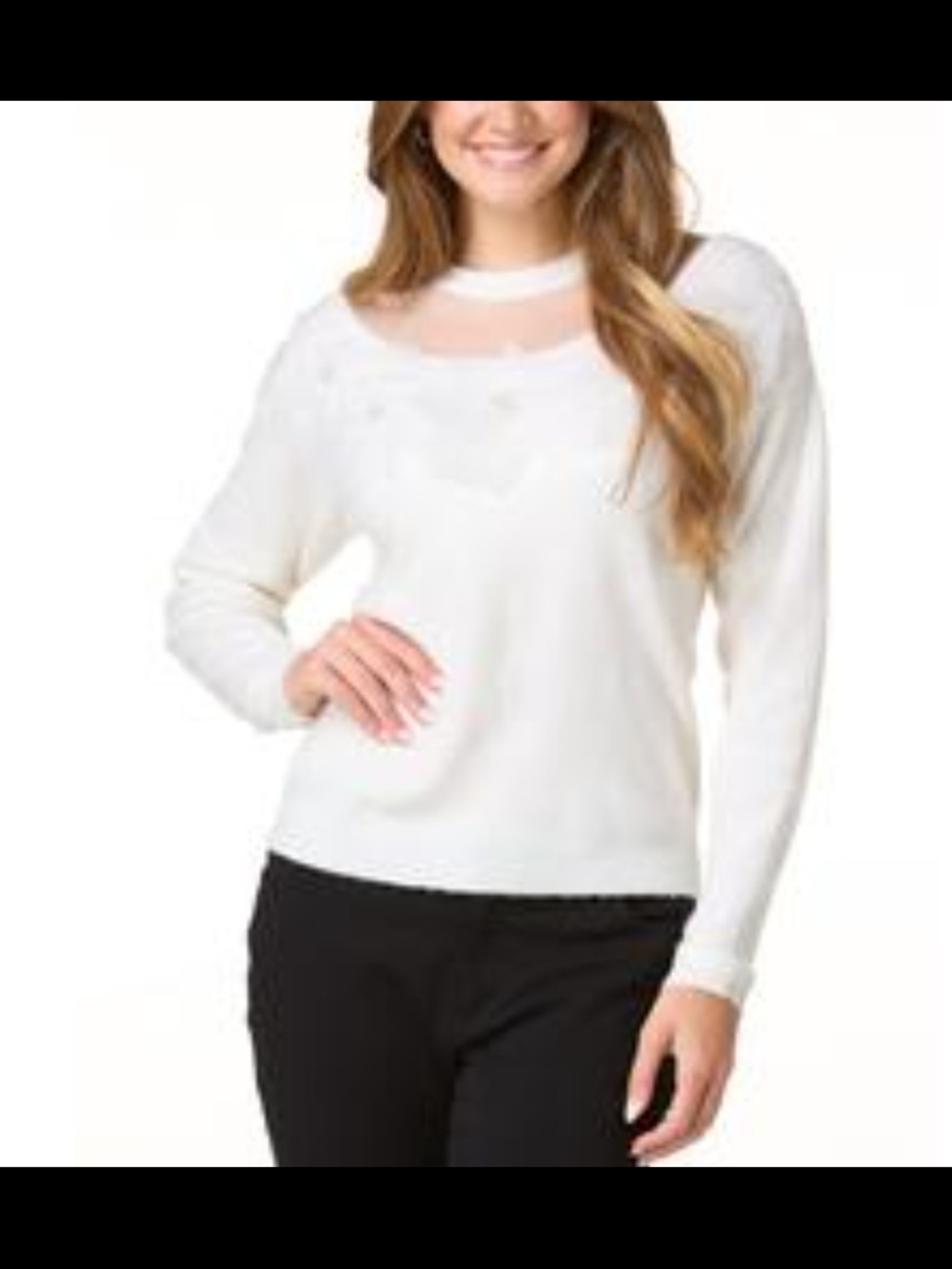 Women's Sexy White Crewneck Knit Sweater with Sheer Yoke